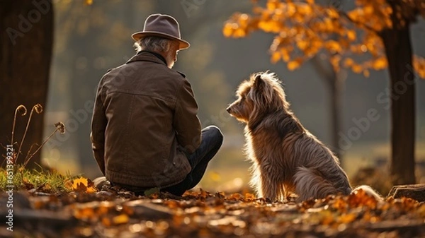 Fototapeta Back view of a senior biracial man sitting on a seat with a dog resting on grass next to trees in a park..