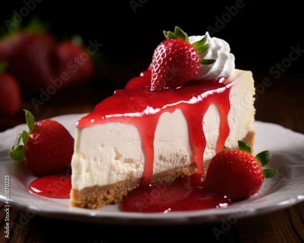 Fototapeta Cheesecake with strawberry jam and strawberries