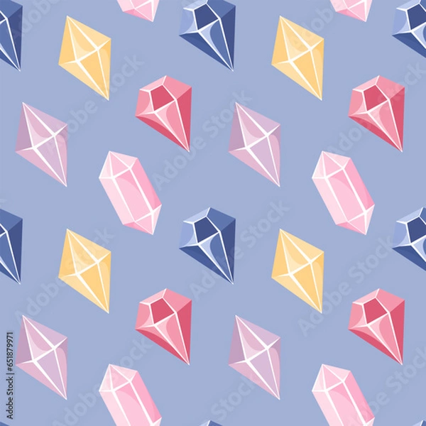 Fototapeta Seamless pattern of pink, yellow and blue crystals in flat cartoon style. 