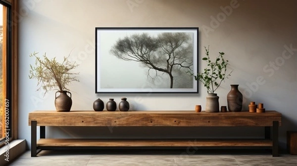 Fototapeta Interior design of a modern living room with a white wall and home decor pieces, featuring an empty mock-up black poster frame on a wooden shelf