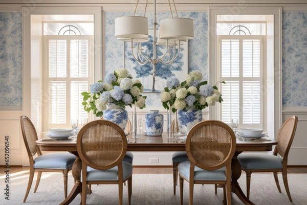 Fototapeta A Refreshing Coastal-Inspired Dining Room Oasis, Harmoniously Blending Blue and White Accents, Creating a Serene and Sophisticated Space with Natural Lighting, Stylish Furniture, and a Calm