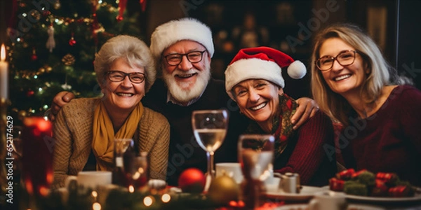 Fototapeta family with elderly parents sitting at christmas table