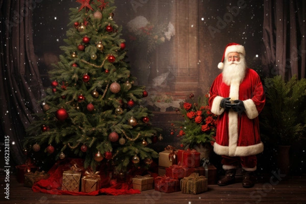 Fototapeta Santa Claus with gifts near the Christmas tree. Christmas and New Year. Generative AI.