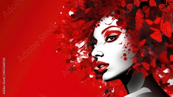 Fototapeta Bright red pop art March 8 Women's day girl or young woman with white face makeup and butterflies instead her hair on red background with copy space