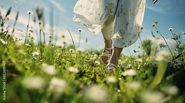 Fototapeta Mujer con un vestido blanco y zapatos blancos caminando por la hierba