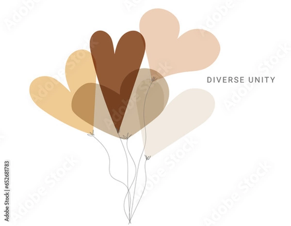 Fototapeta Embracing Unity: Overlapping Hearts Representing Diversity and Inclusion, airballons in skin tones, text " diverse unity"