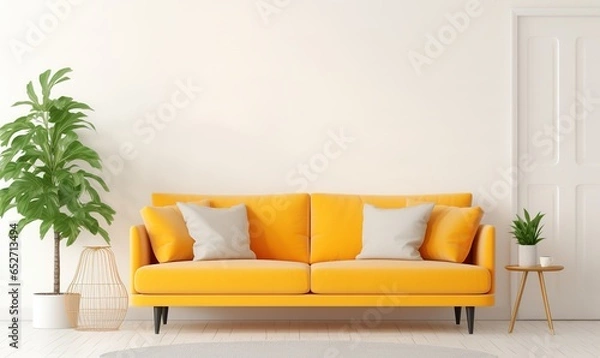 Fototapeta A beautiful canvas frame 3D mockup in living room, bed room, modern Interior Design Background Generative AI