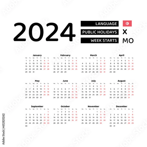 Fototapeta Calendar 2024 English language with Tunisia public holidays. Week starts from Monday. Graphic design vector illustration.