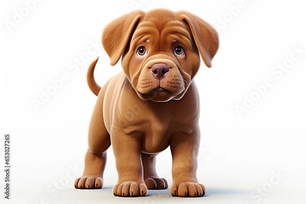 Fototapeta Dogue de Bordeaux puppy cartoon on a white background. Adorable 3D animal portrait.