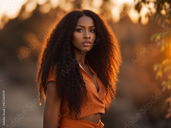 Fototapeta Outdoor sunset portrait of a beautiful young black woman.