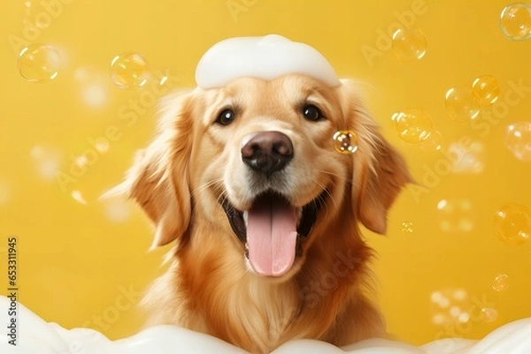 Fototapeta Happy Golden Retriever ​​in bath with foam and bubbles. Yellow Background. Great Banner Concept for Petshops