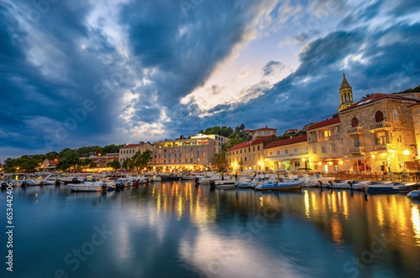 Fototapeta Scenic coast of town Hvar at dusk, Dalmatia, Croatia