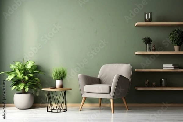 Obraz Modern interior: inviting sage green living space with trendy accents like monochrome wall, table, plants, and chair. Generative AI