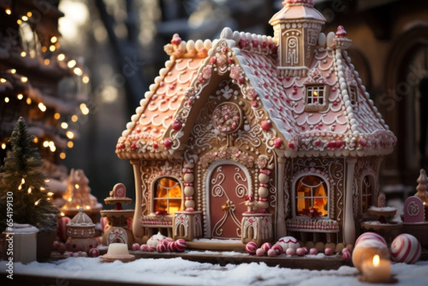 Fototapeta An intricate gingerbread house adorned with candy canes, gumdrops, and icing. Generative Ai.