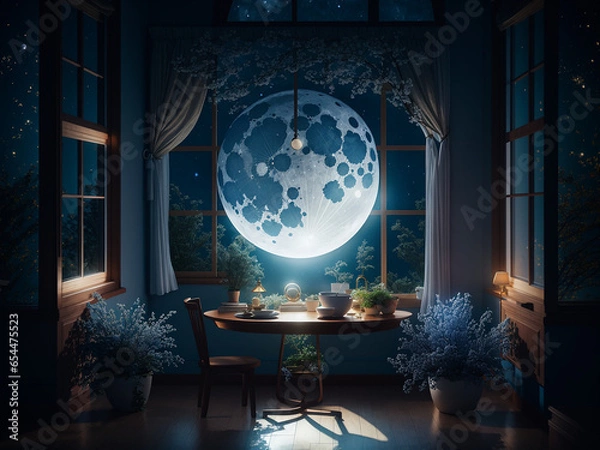 Fototapeta Room with table window and moon intricate details - AI Generative