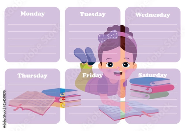 Fototapeta Back to school timetable. Hand drawn. Classroom timetable. Plan note education. Planner, table class. Child, academic template. Organizer paper weekly. Vector illustration.