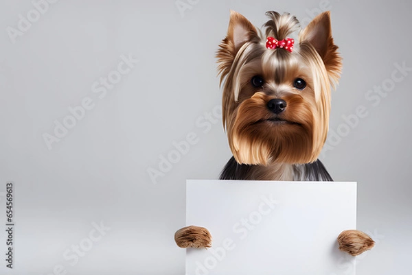 Fototapeta Yorkshire terrier dog holds a large poster in its paws on grey background with copyspace