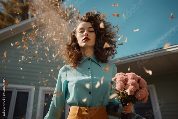 Fototapeta Beautiful portrait of a model woman holding flowers in an autumn suburb setting with creative confetti leaves explosion. Retro pastel fashion outfit and style. 