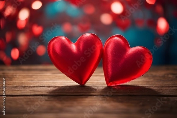 Fototapeta Valentine's Day. Two red hearts on wooden table with bokeh background. Generative Ai.