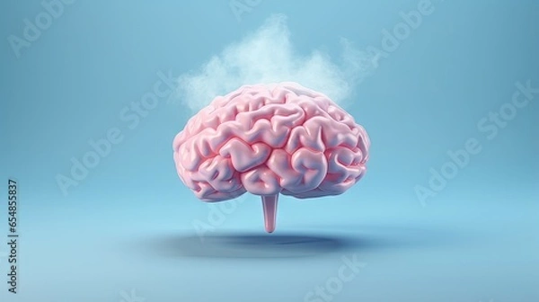 Fototapeta 3D rendering of pink brain thinking with speech bubble on blue background