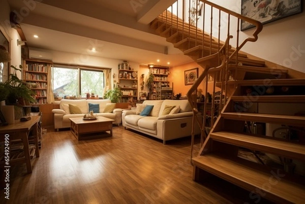 Fototapeta Cozy atmosphere, wooden floors, spacious section, stairs to upper level. Generative AI