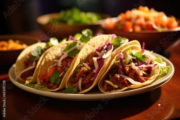 Fototapeta In this visually inspiring photograph, a plate piled high with tacos steals the show. The rich and succulent fillings, enveloped in warm tortillas, are adorned with a sprinkle of paprika,