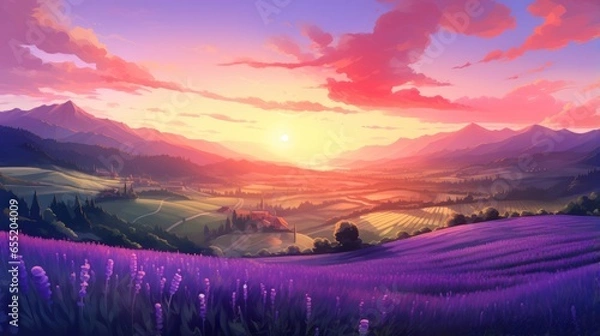 Fototapeta Sunrise Over the Lavender Fields, Purple Hues Blanketing the Rolling Hills Game Art