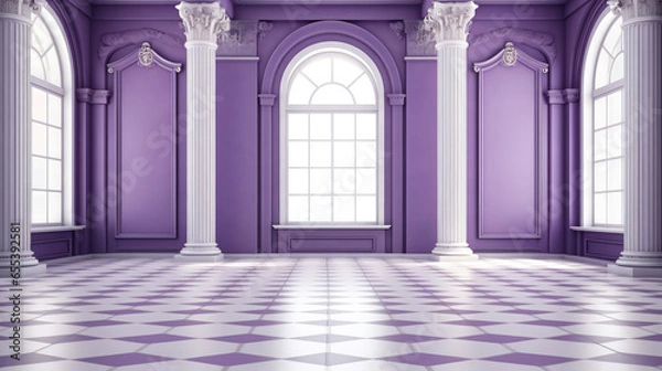 Fototapeta vibrant purple room with elegant columns and a stunning checkered floor, two white Greek columns with a large light window in the center