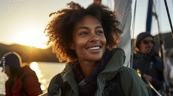 Fototapeta A woman on a sailboat laughing at the sunset with curly hair.