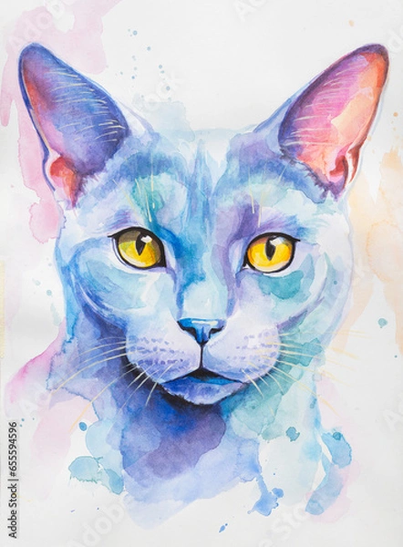 Fototapeta Russian Blue Cat painted in watercolor on a white background in a realistic manner, colorful, rainbow. Ideal for teaching materials, books and nature-themed designs.