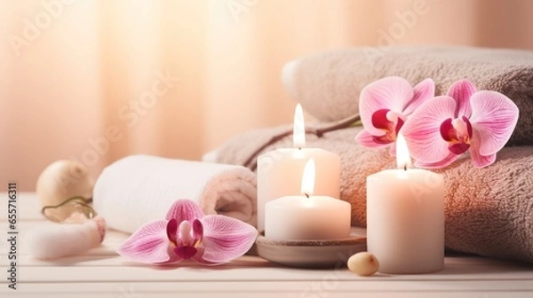 Fototapeta High-End Spa Wellness Background - Massage Stone, Orchid Flowers, Towels, and Burning Candles