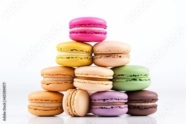 Fototapeta Assorted colorful macarons arranged neatly on a spotless white background, creating a visually delightful and tempting display. Generative AI