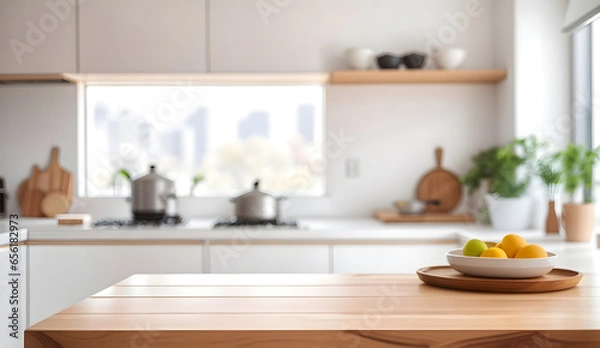 Fototapeta Wooden light empty table top in modern white kitchen and blurred background