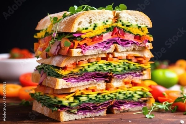 Fototapeta colorful baguette sandwich with rainbow veggies stacked