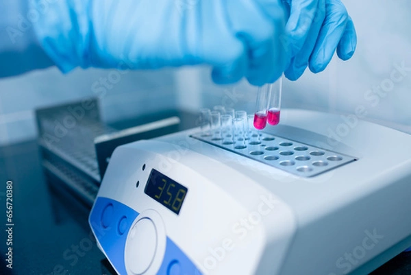 Fototapeta Scientist conducts chemical research in a modern laboratory