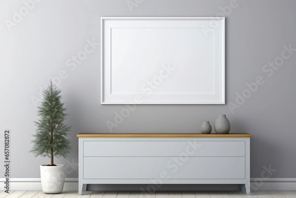 Fototapeta Empty white picture frame, mockup, on a gray wall, dresser and green plant. Front view background. Interior design concept. AI generative.