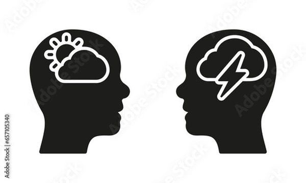 Fototapeta Human Head with Sad and Good Mood Pictogram. Pessimism and Optimism Solid Sign. Positive and Negative Thinking Silhouette Icon Set. Healthy Mind Symbol. Mental Health. Isolated Vector Illustration