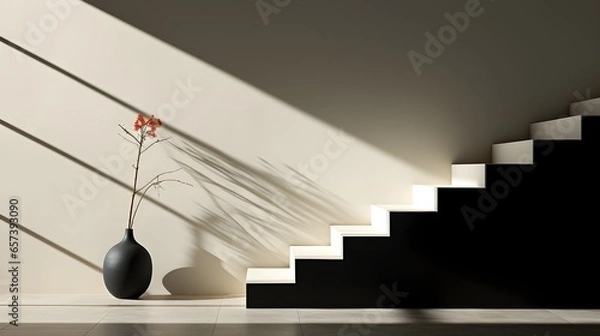 Fototapeta Simplicity in Space: A Minimalistic Room Bathed in Natural Light, Accentuated by a Plant and Graceful Stairs Guiding Upward