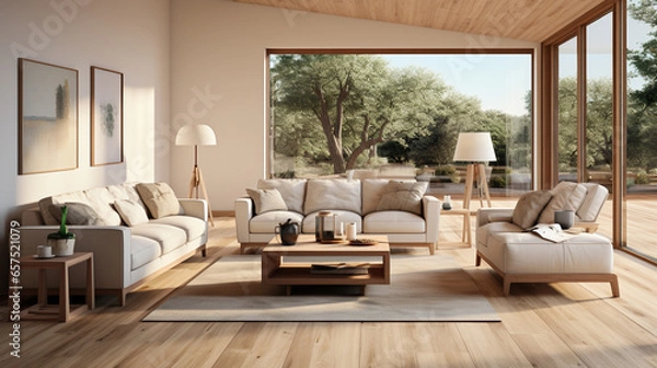 Fototapeta Modern villa living room design interior, beige furniture, bright walls, hardwood flooring. ai