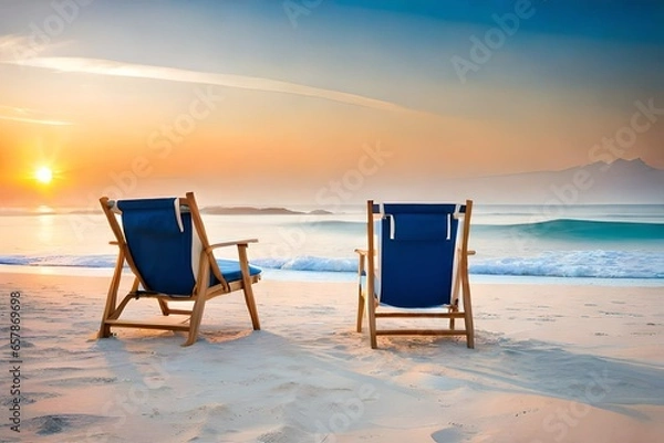 Obraz A pair of beach chairs on the shoreline, facing a vast expanse of sea and a clear blue sky.