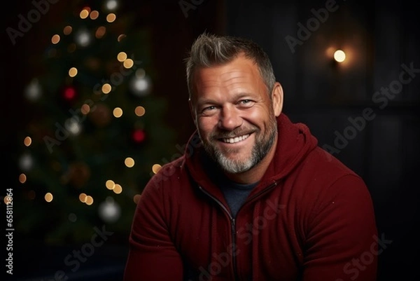 Fototapeta Portrait of a smiling middle-aged man in a red sweater against the background of a Christmas tree.