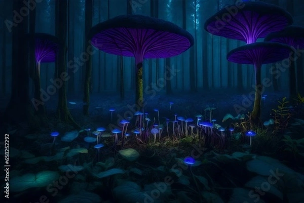 Fototapeta Luminescent fungi, dark blue and purple trees with leaves that glow under moonlight - AI Generative