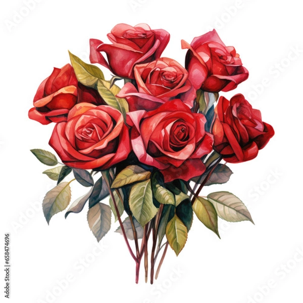 Fototapeta Watercolor floral bouquet composition with red roses, png transparent background, generative ai.