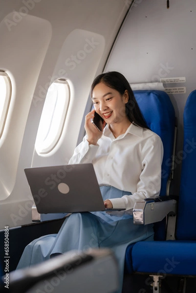 Fototapeta Using mobile and laptop, Thoughtful asian people female person onboard, airplane window, perfectly capture the anticipation and excitement of holiday travel. chinese, japanese people.