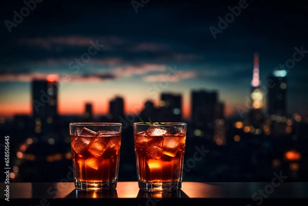 Fototapeta Iced drinks against the background of the night sky over the city