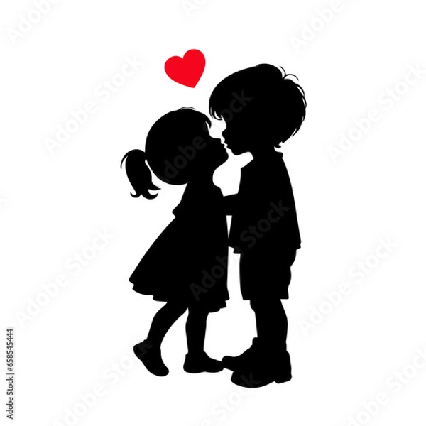 Obraz Cute couple, Cartoon silhouettes of a boy and a girl kissing, two kissing children on white background