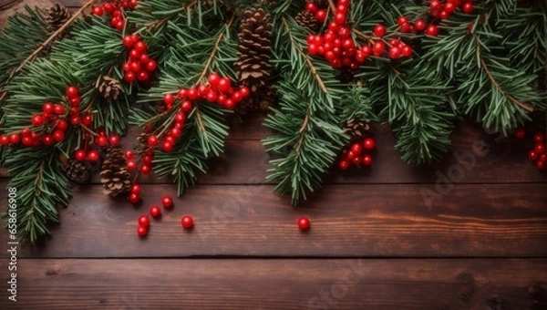 Obraz Christmas Holiday Evergreen Pine Branches and Red Berries Over Wood Background