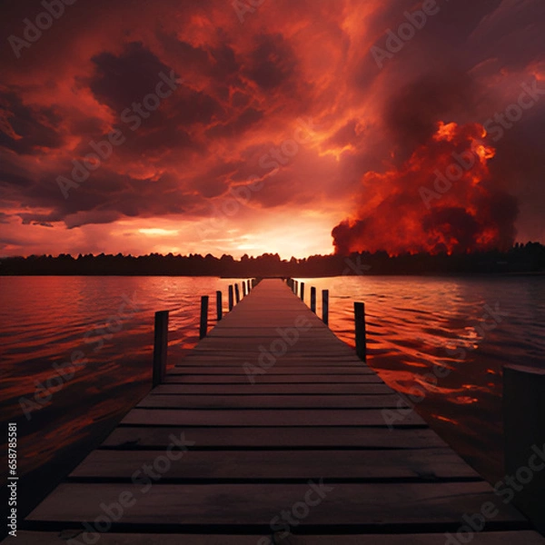 Fototapeta sunset on the pier,Beautiful sunset at the wooden jetty at the beach,sunset under the pier

