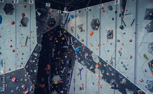 Fototapeta Artificial climbing wall with colorful grips and ropes