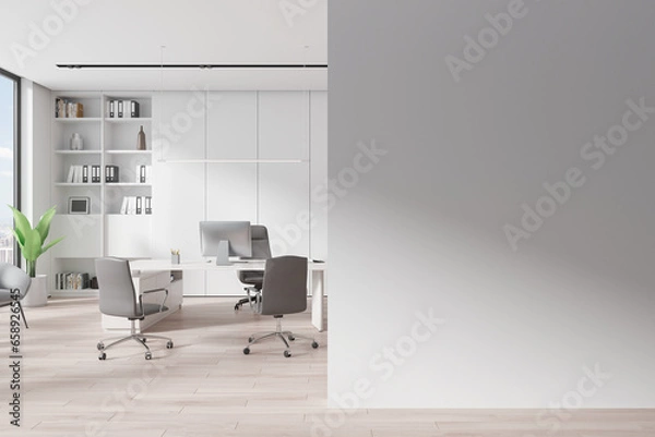 Obraz Cozy work interior with armchair and desk, shelf and window. Mockup wall